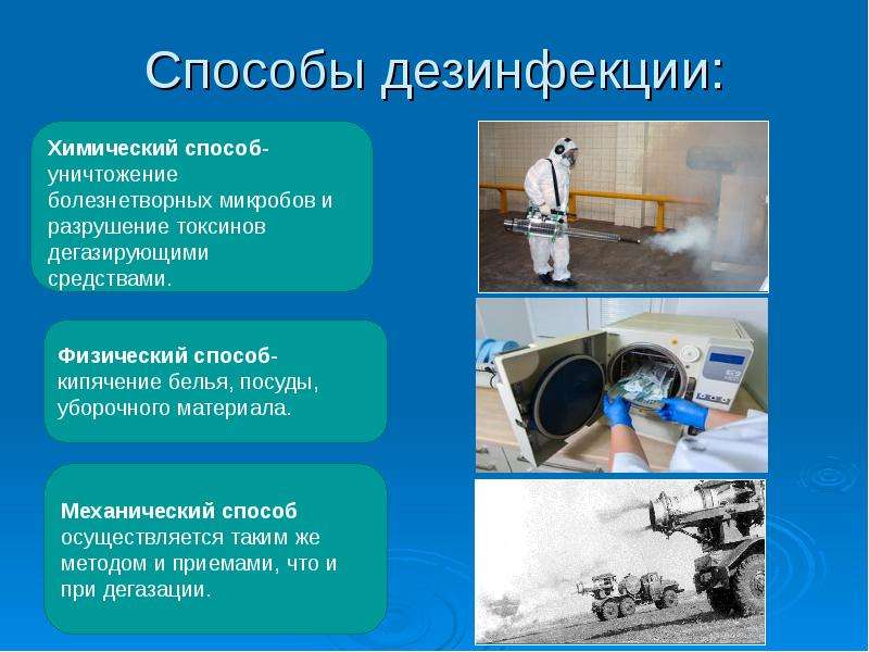 На фото описано про способы дезинфекции